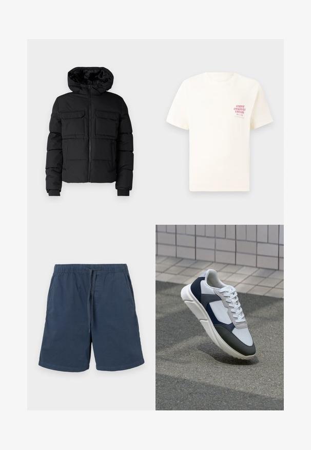 Schwarze gepolsterte Jacke mit Kapuze, zwei Brusttaschen, einem Frontreißverschluss und Rippbündchen. Glatte Textur und leichtes Design.; Weißes T-Shirt mit kurzen Ärmeln und rotem Text "Studio Originals Edition" auf der linken Brust, präsentiert vor einem neutralen grauen Hintergrund.; Marineblaue Shorts aus Baumwolle mit elastischem Bund und Kordelzug. Mit Seitentaschen und geradem Schnitt.; Weißer, marineblauer und grauer Sneaker mit einem Materialmix-Design, das ein strukturiertes Obermaterial, flache Schnürsenkel und eine gepolsterte Sohle aufweist.