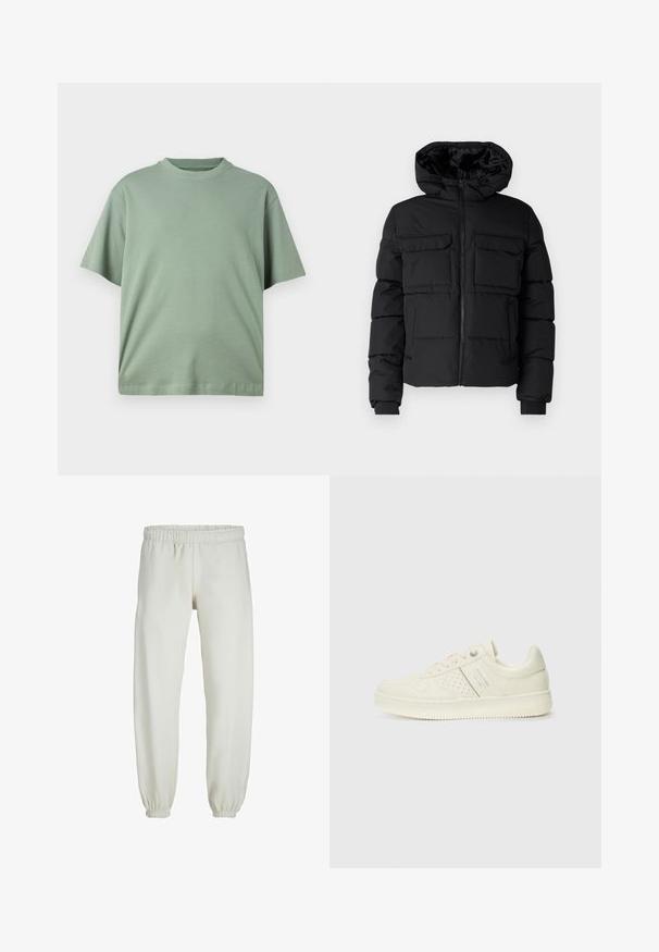 Čierna prešívaná bunda s kapucňou, ktorá má dve náprsné vrecká, predný zips a rebrované manžety. Hladká textura a ľahký dizajn.; Svetlozelené tričko s krátkym rukávom a okrúhlym výstrihom, vyrobené z mäkkej látky. Dizajn má voľný strih a žiadne viditeľné vzory.; Biele teplákové nohavice vyrobené z mäkkej textílie, s elastickým pásom a manžetami, s hladkým povrchom a voľným strihom.; Krémová teniska s perforovanými detailmi, šnúrkami a logom na boku, vystavená na jednoduchej bielej pozadí.