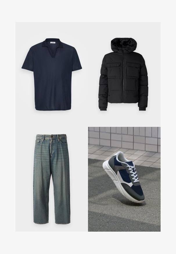 Must värvitud padi jakk kapuutsiga, millel on kaks rinna taskut, eesmine tõmblukk ja ribakäised. Sile tekstuur ja kerge disain.; Tumedane sinine polo särk tekstuurse, soonilise kangaga, millel on V-kaeluse disain ja lühikesed varrukad. Klassikaline krae lisab stiilile aktsenti.; Heledad sinine denim-stiilis teksad, volüümse lõike, keskmise kõrgusega talje ja sirgete säärega. Omab viit taskut, vöökumme ja nööpide sulgemist.; Sneaker, mille sinine võrkkangas, hallid nubukdetailid, valge kummitald ja lamedad valged paelad, disainitud mugavuseks ja hingavuseks.