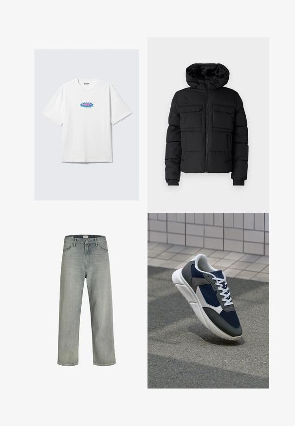 Schwarze gepolsterte Jacke mit Kapuze, zwei Brusttaschen, einem Frontreißverschluss und Rippbündchen. Glatte Textur und leichtes Design.; Weißes Baumwoll-T-Shirt mit oversized Passform, das ein farbenfrohes Grafikdesign in Pink und Blau auf der Vorderseite zeigt. Runder Hals, kurze Ärmel.; Hellgraue, locker sitzende Jeans aus Denim. Verfügt über ein klassisches Fünf-Taschen-Design, Gürtelschlaufen und eine gerade Bein-Silhouette.; Sneaker mit einem Obermaterial aus navyblauem Mesh, grauen Wildlederelementen, einer weißen Gummisohle und flachen weißen Schnürsenkeln, entworfen für Komfort und Atmungsaktivität.