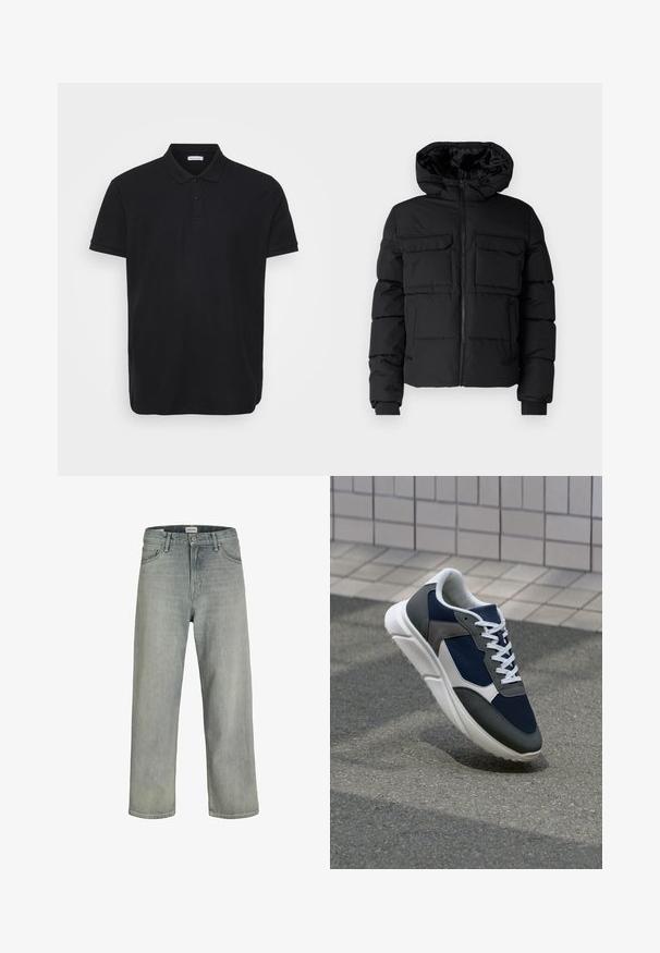Must värvitud padi jakk kapuutsiga, millel on kaks rinna taskut, eesmine tõmblukk ja ribakäised. Sile tekstuur ja kerge disain.; Mustpe polo särk ribakujulise tekstuuriga, klassikalise kraega, kolme nööbiga nööpimisega ning peene logoga vasakul rinnal.; Heledad hallhallid, laia lõikega denimist teksased. Omavad klassikalist viie tasku disaini, vööloopse ja sirget säärelõiget.; Sneaker, mille sinine võrkkangas, hallid nubukdetailid, valge kummitald ja lamedad valged paelad, disainitud mugavuseks ja hingavuseks.