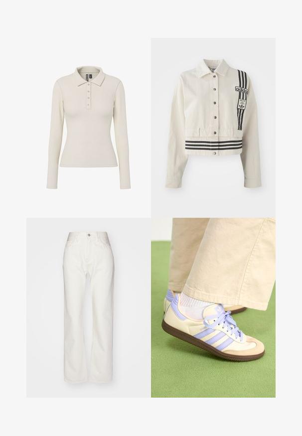 Kremfarget avkortet jakke med svarte striper, metallknapper og en fremtredende logo-lapp på venstre bryst. Strukturet design.; Langermet polo skjorte i off-white ribbet stoff med krage og fem metallknapper foran. Tettsittende design.; Hvite denimbukser med høy livhøyde og vid passform. Har knapp og glidelås lukking, beltehekter og subtile sømdetaljer.; Kremfargede og lavendelfargede joggesko med tre striper og en teksturert brun såle, med lisser og en polstret hæl. Mykt stofføvre.
