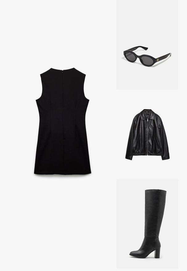 Svart läderjacka med krage, framsdragkedja och två sidofickor. Har en slät textur och en rynkad nederdel vid midjan.; Svart ärmlös klänning med hög halsringning och dold dragkedja i ryggen, med en figursydd midja och en mjuk tygstruktur.; Svarta knähöga stövlar i slätt läder, med en kraftig klack och rund tå. Minimalistisk design utan synlig hårdvara eller dekorationer.; Svarta ovala solglasögon med mörka linser och blank plastbåge. Utrustade med en gyllene logotyp på bågen, vilket ger en snygg och modern design.