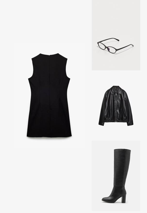 Czarna skórzana kurtka z kołnierzykiem, przednim zamkiem błyskawicznym i dwoma bocznymi kieszeniami. Charakteryzuje się gładką teksturą i zmarszczonym dołem w talii.; Czarna sukienka bez rękawów z wysokim dekoltem i ukrytym zamkiem błyskawicznym z tyłu, z dopasowaną talią i gładką fakturą materiału.; Czarne kozaki do kolan wykonane z gładkiej skóry, z szerokim obcasem i zaokrąglonym czubkiem. Minimalistyczny design bez widocznych elementów metalowych czy dekoracji.; Czarne plastikowe okulary w owalnym kształcie, z przezroczystymi soczewkami i jednym fioletowym akcentem na lewym szkle. Elegancki, minimalistyczny design.
