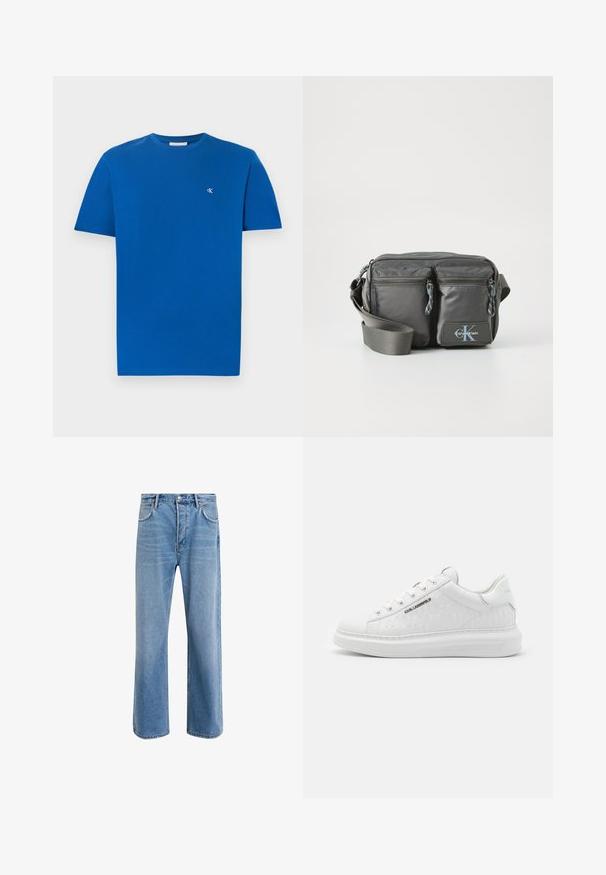 Marineblaue gesteppte Steppjacke mit Frontreißverschluss, hohem Kragen, seitlichen Reißverschlusstaschen und dezentem "ck"-Logo auf der Brust.; Blaues Baumwoll-T-Shirt mit Rundhalsausschnitt und kurzen Ärmeln. Verfügt über ein kleines weißes Logo auf der linken Brustseite. Glatte Textur, lässiges Design.; Helle blaue Jeans im Geradeschnitt-Design, mit fünf Taschen, Knopfverschluss, minimaler Ausbleichung und kontrastierenden Nähdetails.; Weißer Sneaker aus glattem Leder mit geprägtem Muster. Verfügt über eine runde Zehenpartie, Schnürung vorne und strukturierten Sohle. Silbernes Logo-Detail an der Seite.; Graue Nylon-Crossbody-Tasche mit zwei Reißverschluss-Fronttaschen, verstellbarem Riemen und Logo-Akzent. Glatte Textur mit modernem Design.