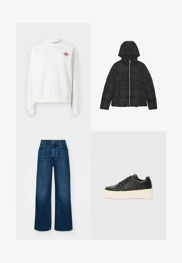 Black puffer jacket with a hood, zip front, and horizontal quilting. Features gold-tone hardware and side pockets. Smooth, shiny fabric.; White sweatshirt with a round neckline, long sleeves, and ribbed cuffs. Features a pink floral embroidery on the left chest area. Soft fabric.; High-waisted, wide-leg jeans in dark blue denim with a smooth texture, contrast stitching, and five-pocket design. Front button closure.; Black leather sneaker with a smooth texture, thick cream-colored sole, round toe, and classic lace-up design. Subtle stitching details.