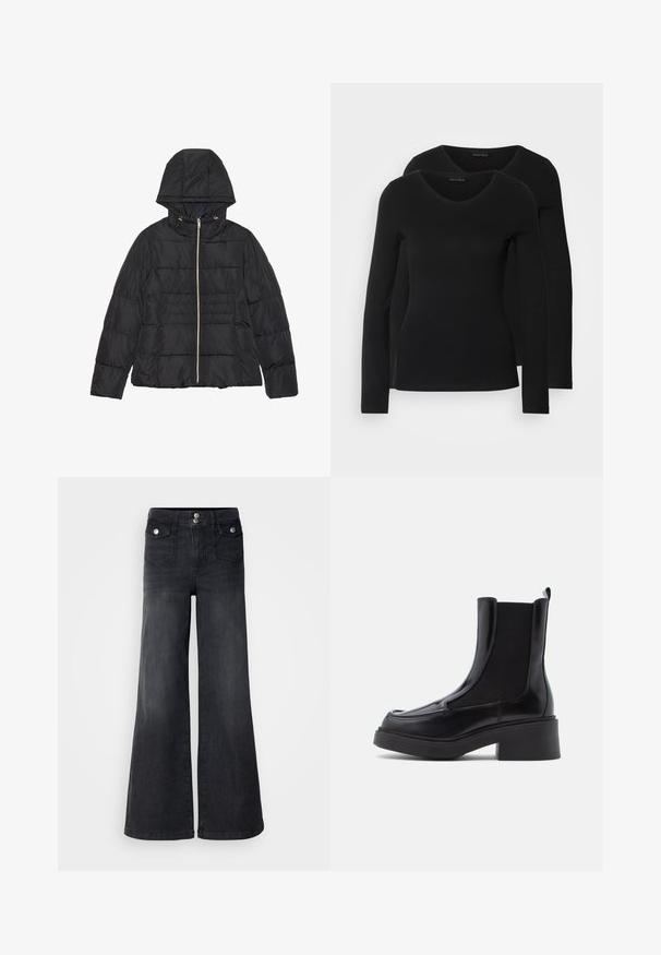 Casaco puffer preto com capuz, fecho frontal em zíper e quilting horizontal. Apresenta acessórios em tom dourado e bolsos laterais. Tecido liso e brilhante.; Duas camisetas pretas de manga longa com design em V, feitas de um tecido macio e elástico, apresentando uma textura suave e um formato ajustado.; Calças largas de ganga pretas com cintura alta, botões frontais e dois bolsos frontais; textura suave com um leve efeito de desbotamento.; Botas Chelsea pretas com um salto robusto, apresentando um cabedal de pele brilhante e painéis laterais elásticos para um calçar fácil. Sola de borracha sólida.