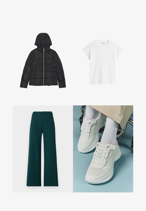Casaco puffer preto com capuz, fecho frontal em zíper e quilting horizontal. Apresenta acessórios em tom dourado e bolsos laterais. Tecido liso e brilhante.; T-shirt branco de manga curta feito de algodão. Apresenta um corte descontraído com decote redondo e costuras de ombro ligeiramente caídas. Sem padrões ou detalhes.; Calças de perna larga em tecido verde escuro. Apresentam uma cintura alta, pregas frontais e passadores de cinto. Textura suave e design ajustado.; Tênis brancos com material em rede, sola de borracha, design sem atacadores com faixas elásticas e detalhes em tom dourado.
