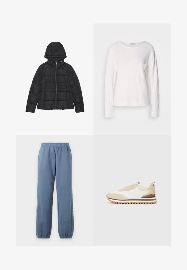 Melnā pūkainā jaka ar kapuci, ar rāvējslēdzi priekšā un horizontālu šuvumu. Satur zelta tonī izstrādātas detaļas un sānu kabatas. Gluda, spīdīga auduma virsma.; Garinā piedurkne balta blūze, izgatavota no viegla, teksturēta auduma ar apaļu kakla izgriezumu un mazu krūšu kabatiņu. Apmale atrodas gurnu līmenī.; Gaiši zili treniņbikses, kas izgatavotas no mīksta materiāla, ar elastīgu jostu un sašaurinātiem piedurknēm. Iekļautas dekoratīvās šuves gar sāniem.; Bēšas un baltas zemas kedas ar tekstūrētu zoli un cilpu uz papēža, parādītas uz vienkārša gaiša fona, sānu skats.