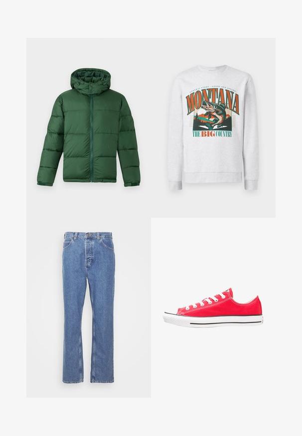 Casaco acolchoado verde com capuz, apresentando um fecho frontal com zíper, fechos de botão e um design quiltado para isolamento. Textura suave.; Sweatshirt cinza claro com um grande gráfico de um peixe a saltar, montanhas e árvores, com o texto "Montana The Big Country" em laranja e verde.; Jeans de ganga azul com um corte reto, design de cinco bolsos, passantes de cinto e fecho de botão. O tecido tem um acabamento suave e texturizado.; Tenis de lona vermelhos com biqueira e sola em borracha branca. Apresenta cinco pares de ilhós brancos, risca lateral preta e superfície texturizada.