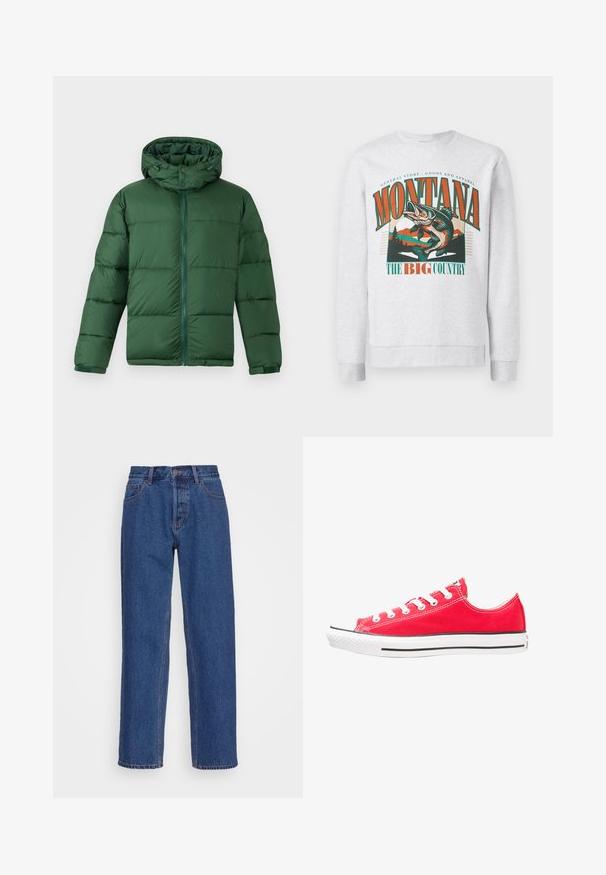 Zaļš polsterēts mētelis ar kapuci, ar priekšējo rāvējslēdzēju, pogu aizdari un šūtu dizainu siltuma izolācijai. Gluda tekstūra.; Gaiši pelēks treniņtērps ar lielu grafiku, kurā redzams lēcošs zivs, kalni un koki, ar tekstu "Montana The Big Country" oranžā un zaļā krāsā.; Zilās džinsa bikses ar klasisku taisno kāju dizainu, ar augstu jostasvietu, jostu cilpām un smalkiem šuvju akcentiem.; Sarkans audekla sporta apavi ar baltu gumijas purngalu un zoli. Iespējas piecas baltas acs caurumu pāri, melns sānu svītra un teksturēta virsma.