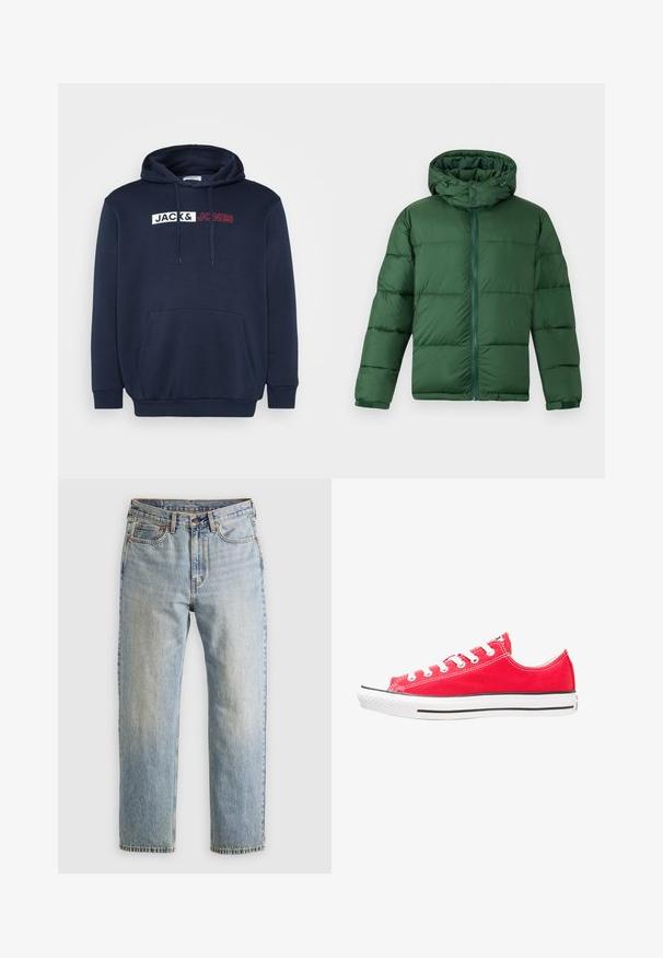 Giacca imbottita verde con cappuccio, dotata di zip frontale, bottoni e design trapuntato per isolamento. Texture liscia.; Felpa blu navy con tasca a marsupio, cappuccio con coulisse e logo stampato in bianco/rosso con la scritta "JACK & JONES" sul petto.; Jeans in denim azzurro chiaro con vita alta, bottone anteriore, cerniera e design a cinque tasche, adagiati su uno sfondo neutro.; Sneaker di tela rossa con punta in gomma bianca e suola. Presenta cinque coppie di occhielli bianchi, una striscia laterale nera e una superficie texturizzata.