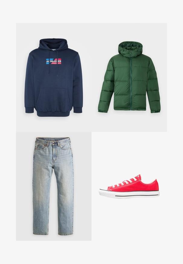 Grøn polstret jakke med hætte, der har en frontlynlås, knaplukninger og en quiltet design til isolering. Glat tekstur.; Marineblå hættetrøje, lavet af bomuldsblanding, med kengurulomme, prydet med hvidt og farverigt logo "JACK&JONES" på brystet.; Lysblå denim jeans med høj talje, frontknap, lynlås og fem-lomme design, lagt fladt på en neutral baggrund.; Rød lærredssneaker med hvid gummitå og sål. Har fem par hvide øjer, sort sidebånd og tekstureret overflade.