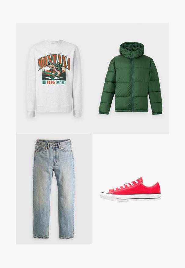 Green padded jacket with a hood, featuring a front zipper, button closures, and a quilted design for insulation. Smooth texture.; Light gray sweatshirt with a large graphic of a jumping fish, mountains, and trees, with "Montana The Big Country" text in orange and green.; Light blue denim jeans with high waist, front button, zipper, and five-pocket design, laid flat on a neutral background.; Red canvas sneaker with white rubber toe cap and sole. Features five pairs of white eyelets, black side stripe, and textured surface.