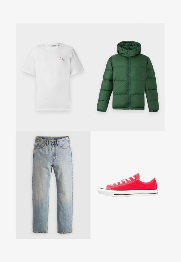 Giacca imbottita verde con cappuccio, dotata di zip frontale, bottoni e design trapuntato per isolamento. Texture liscia.; Maglietta bianca a maniche corte con piccolo testo bordeaux "Dystopia Sounds" sul lato sinistro del petto, scollatura rotonda, sfondo semplice.; Jeans in denim azzurro chiaro con vita alta, bottone anteriore, cerniera e design a cinque tasche, adagiati su uno sfondo neutro.; Sneaker di tela rossa con punta in gomma bianca e suola. Presenta cinque coppie di occhielli bianchi, una striscia laterale nera e una superficie texturizzata.