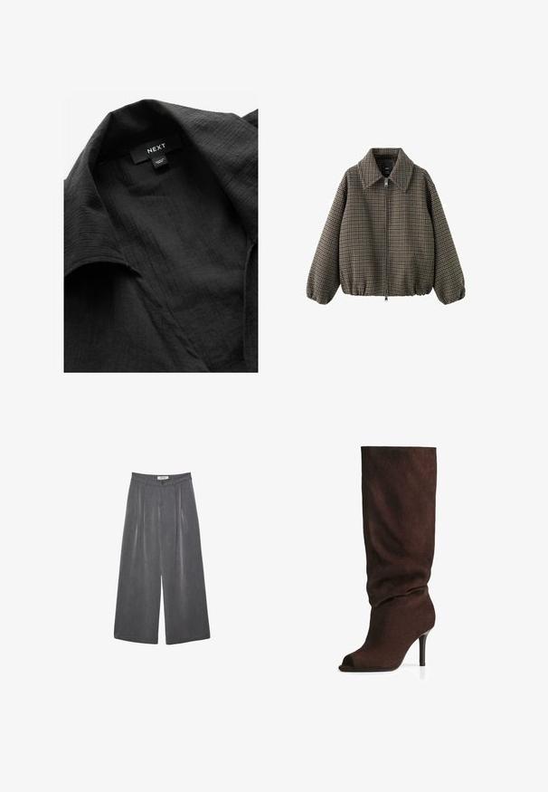 Braune Bomberjacke im Hahnentrittmuster mit Kragen, Reißverschluss vorne und elastischen Bündchen sowie Saum. Aus gewebtem Stoff gefertigt.; Schwarzes Hemd mit Kragen aus texturiertem Stoff, der sichtbare Webmuster aufweist. Das Etikett trägt die Aufschrift "NEXT", mit einem Pflegeetikett, das innen eingenäht ist.; Faltenhose mit weitem Bein aus einem dunkelgrauen Stoff mit subtiler Textur. Verfügt über einen Knopfverschluss und ein klassisches Design des Bunds.; Dunkelbraune Wildleder-Kniehohe Stiefel mit lockerem Schaft, offener Zehenpartie und schlankem hohen Absatz, fotografiert vor weißem Hintergrund.