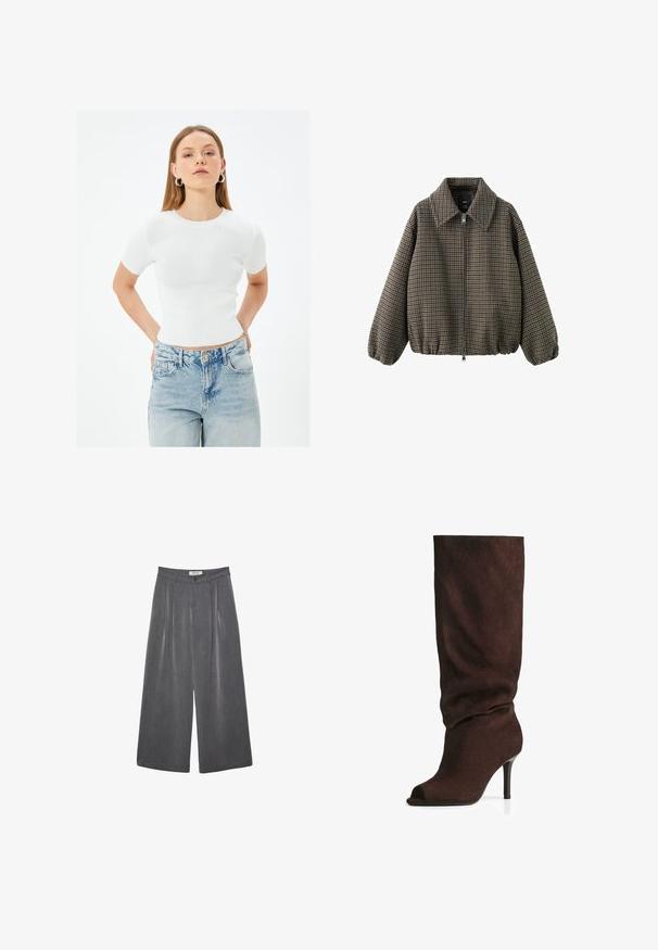 Brown houndstooth-patterned bomber jacket with a collared neck, zipper front, and elasticized cuffs and hem. Made of woven fabric.; White ribbed short-sleeve fitted top with a round neckline, paired with light blue high-waisted jeans, featuring classic pockets and a button.; Pleated wide-leg trousers in a dark gray fabric with a subtle texture. Features a button closure and a classic waistband design.; Dark brown suede knee-high boot with slouchy shaft, open toe, and slim high heel, photographed on white background.
