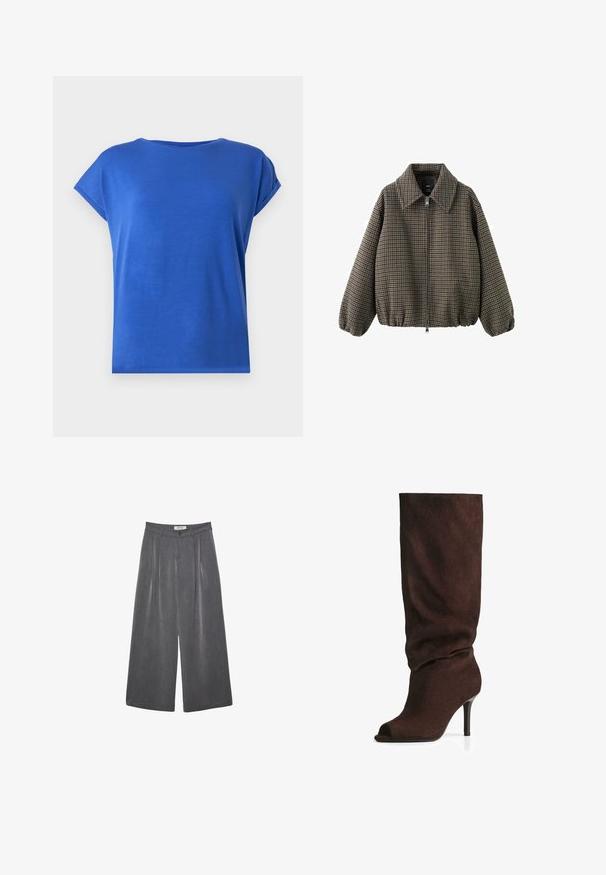Brun bomberjakke med houndstooth-mønster, krave, lynlås foran og elastiske manchetter og nederkant. Lavet af vævet stof.; T-shirt med korte ærmer og rund hals lavet af glat stof i en livlig blå farve. Har en afslappet pasform og rullede ærmekanter.; Plisserede vide bukser i en mørkegrå stof med en subtil tekstur. Har en knaplukning og et klassisk talje-design.; Mørkebrun ruskinds støvle til knæet med slasket skaft, åben tå og slank høj hæl, fotograferet på hvid baggrund.