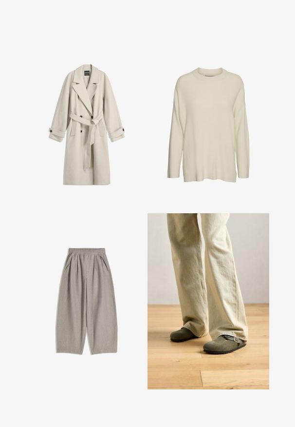 Dug veliki bež vuneni kaput s remenom, širokim reverima, dvostrukim dugmadi i dugmićima na rukavima, prikazan ravno na bijeloj pozadini.; Kremasti pletena džemper s visokim ovratnikom, dugim rukavima i ležernim, kutnim krojem. Tkanina izgleda teksturirano i mekano.; Sive široke hlače od mekog materijala, s elastičnom gumom u struku i dva bočna džepa, s čistim, minimalističkim dizajnom.; Osoba u svijetlosmešavim širokim hlačama i maslinasto zelenim antilop mokasinkama s kopčom na svijetlom drvenom podu.