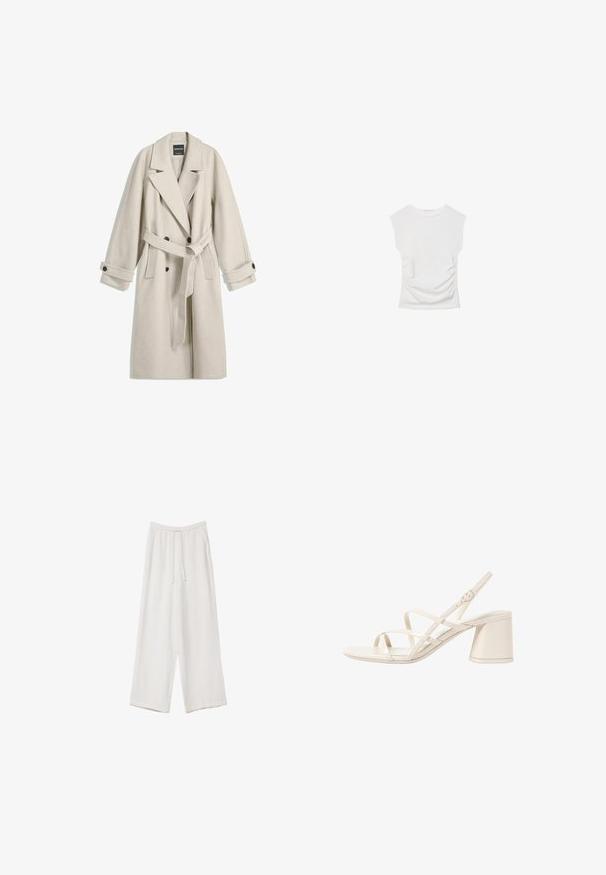 Dug veliki bež vuneni kaput s remenom, širokim reverima, dvostrukim dugmadi i dugmićima na rukavima, prikazan ravno na bijeloj pozadini.; Bijela majica s kratkim rukavima i okruglim izrezom. Ima naboranu teksturu sa strane i uski kroj, izrađena od mekane, rastezljive tkanine.; Bijele hlače širokih nogavica napravljene od lagane tkanine. Imaju elastičan pojas s ušicom i bočne džepove. Glatka tekstura.; Bežne sandale s petom u bež boji s tankim, ukrštenim trakama, otvorenim nožnim prstima i kvadratnim blok petom. Glatki patentirani finiš, podesiva remenica oko gležnja.