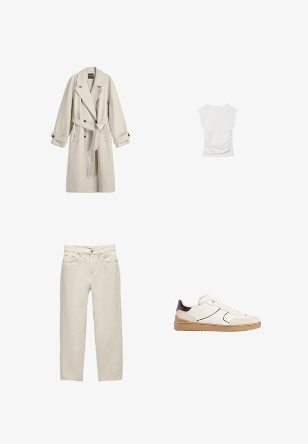 Długi beżowy wełniany płaszcz z paskiem, szerokimi klapami, podwójnymi guzikami oraz guzikami na mankietach, wyeksponowany na płasko na białym tle.; Biała bluzka z krótkim rękawem i okrągłym dekoltem. Posiada marszczoną teksturę po bokach oraz dopasowany krój, wykonana z miękkiego, elastycznego materiału.; Białe dżinsy o luźnym kroju, z prostymi nogawkami, pięcioma kieszeniami oraz metalowymi dodatkami z delikatną teksturą.; Stradivarius - Sneakersy niskie
