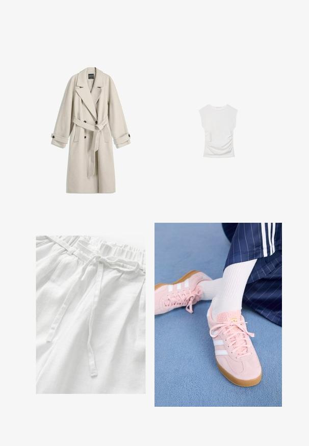 Lange beige wollen jas met riem, brede revers, dubbelknopsluiting en knoopmanchetten, plat weergegeven op een witte achtergrond.; Witte korte mouwen top met een ronde halslijn. Kenmerkt zich door geplooide textuur aan de zijkanten en een getailleerd silhouet, gemaakt van een zachte, rekbare stof.; Witte linnen broek met een elastische tailleband en een bijpassend trekkoord, gemaakt van een zachte, textuurlijke stof voor comfort en ademend vermogen.; Lichtroze suède sneakers met witte strepen en veters, voorzien van een gestructureerde tong en een gumzool, geplaatst op een blauwe tapijt.