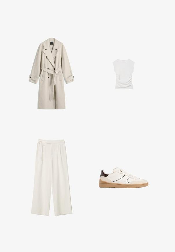 Dlhý béžový vlnený kabát s opaskom, širokými chlopňami, dvojradovými gombíkmi a gombíkovými manžetami, vystavený rovno na bielom pozadí.; Biely krátky rukáv top s okrúhlym výstrihom. Obsahuje zhromaždenú textúru po stranách a priliehavý strih, vyrobený z mäkkého, elastického materiálu.; Dlhé nohavice v off-white materiáli s hladkou textúrou. Obsahujú viazaný pás a plisovaný predok, navrhnuté pre voľný strih.; Stradivarius Tenisky - white