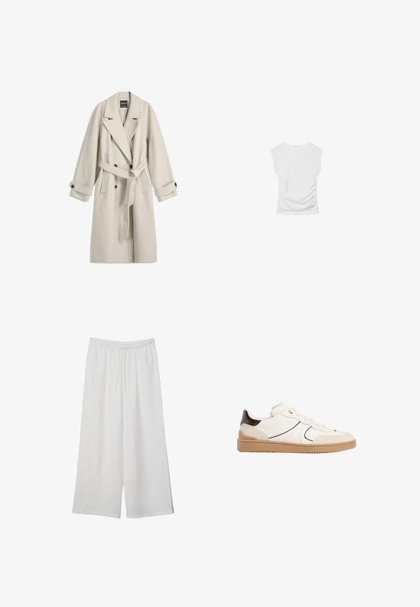 Pitkä beige villakangastakki vyöllä, leveillä läpillä, kaksirivisillä napituksilla ja napitettavilla hihansuilla, aseteltuna tasaisesti valkoiselle taustalle.; Valkoinen lyhythihainen paita pyöreällä kaula-aukolla. Sivuilla koristeltu rypytetyllä tekstuurilla ja muotoiltu istuvaksi, valmistettu pehmeästä ja joustavasta materiaalista.; Valkoiset leveälahkeiset housut, jotka on valmistettu kevyestä kankaasta. Niissä on joustava vyötärö ja nauha säädettävää istuvuutta varten. Sileä pinta.; Stradivarius Matalavartiset tennarit - white