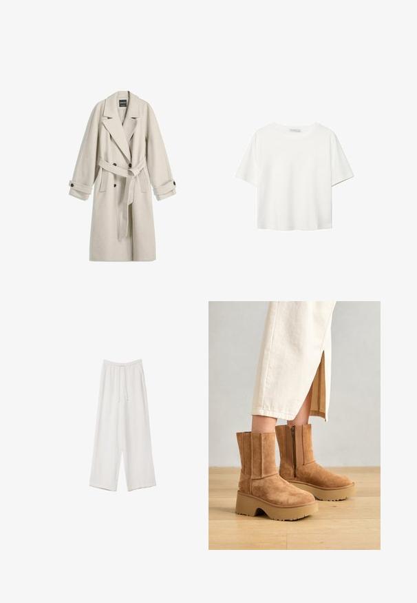 Lungo cappotto di lana beige con cintura, ampi rever, bottoni doppi e polsini con bottone, presentato steso su uno sfondo bianco.; T-shirt bianco a maniche corte realizzato in cotone. Presenta un collo tondo e una vestibilità rilassata. Texture liscia senza motivi o dettagli visibili.; Pantaloni a gamba larga bianchi realizzati in un tessuto leggero. Presentano una vita elastica con cordoncino e tasche laterali. Texture liscia.; Stivali alla caviglia in suede marrone con suola piatta spessa, cerniera laterale e dettagli di cucitura verticale, abbinati a una gonna color crema.