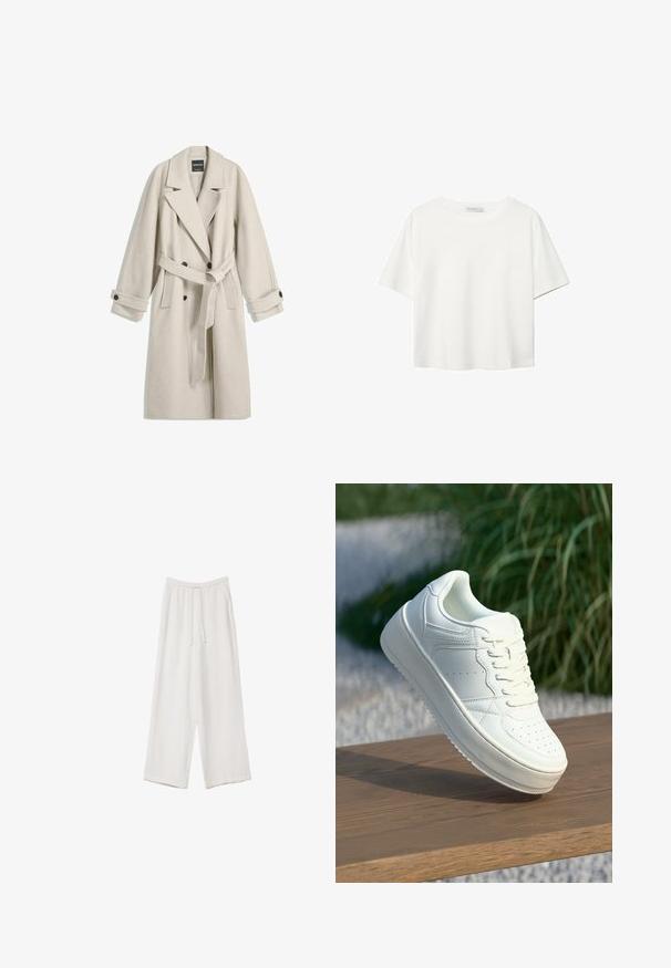 Long beige wool coat with belt, wide lapels, double-breasted buttons, and buttoned cuffs, displayed flat on white background.; White short-sleeve t-shirt made of cotton. Features a crew neckline and a relaxed fit. Smooth texture with no visible patterns or accents.; White wide-leg trousers made from a lightweight fabric. Features an elastic waistband with a drawstring and side pockets. Smooth texture.; White leather sneaker with flat sole, rounded toe, and perforated accents. Features a lace-up front and minimalistic design on a wooden surface.