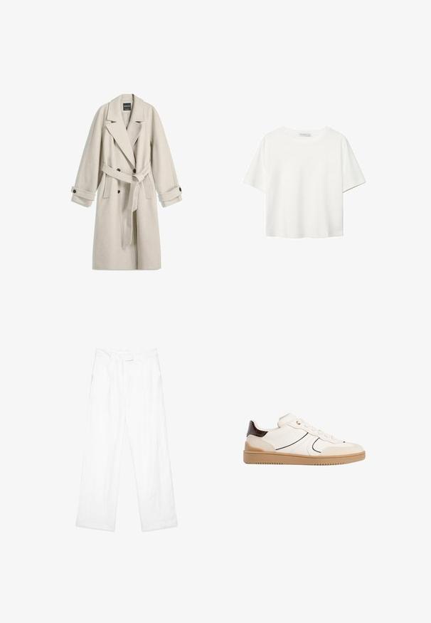 Lang beige uldfrakke med bælte, brede klapper, dobbeltradede knapper og knaplukninger ved håndleddene, vist fladt på hvid baggrund.; Hvid kortærmet t-shirt lavet af bomuld. Har en rund halsudskæring og en afslappet pasform. Glat tekstur uden synlige mønstre eller detaljer.; Hvide linnedbukser med en løs pasform, der har et lige ben design, frontlommer og en flad talje. Glat tekstur hele vejen igennem.; Stradivarius Sneakers - white