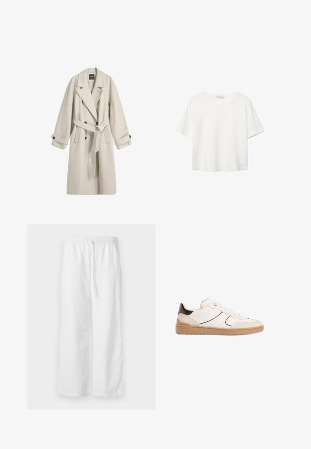 Dug veliki bež vuneni kaput s remenom, širokim reverima, dvostrukim dugmadi i dugmićima na rukavima, prikazan ravno na bijeloj pozadini.; Bijela majica kratkih rukava od pamuka. Ima okrugli izrez i opušteni kroj. Glatka tekstura bez vidljivih uzoraka ili naglasaka.; Bijele, teksturirane hlače širokih nogavica s elastikom u struku i podesivim vezicom. Jednostavan, minimalistički dizajn bez ukrasa.; Stradivarius Tenisice - white