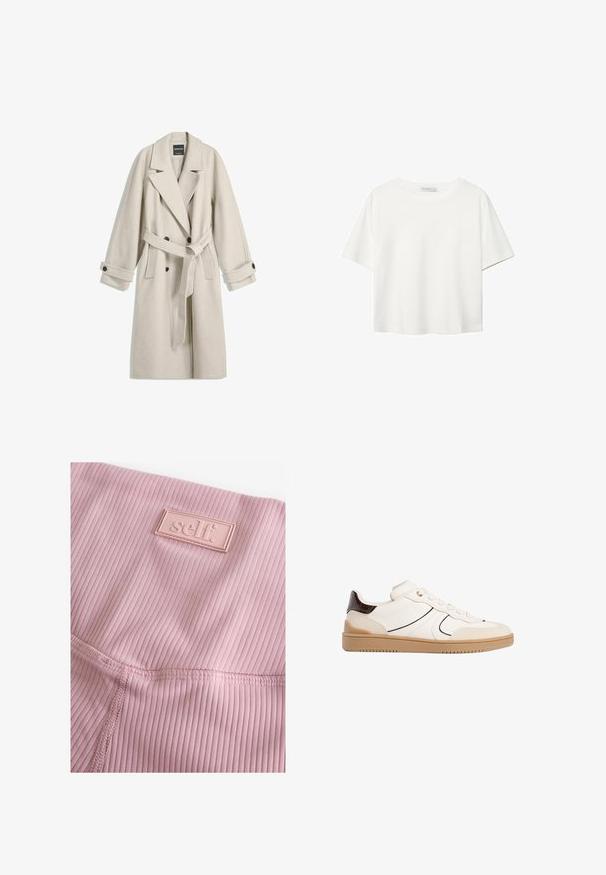 Manteau long en laine beige avec ceinture, larges revers, boutons double boutonnage et poignets boutonnés, présenté à plat sur fond blanc.; T-shirt blanc à manches courtes en coton. Doté d'un col ras du cou et d'une coupe décontractée. Texture lisse sans motifs ni accents visibles.; Leggings en rose clair à côtes avec une surface texturée et une étiquette en caoutchouc rectangulaire avec le mot "self." brodé.; Stradivarius Baskets basses - white