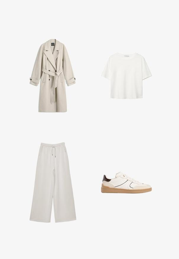 Pitkä beige villakangastakki vyöllä, leveillä läpillä, kaksirivisillä napituksilla ja napitettavilla hihansuilla, aseteltuna tasaisesti valkoiselle taustalle.; Valkoinen lyhythihainen T-paita, joka on tehty puuvillasta. Siinä on pyöreä kaula-aukko ja rento malli. Silkkinen pinta ilman näkyviä kuvioita tai koristeita.; Vaaleanharmaat leveälahkeiset housut, jotka on valmistettu pehmeästä kankaasta, elastisella vyötäröllä, säädettävällä nyörillä ja sivutaskuilla. Sileä pinta kauttaaltaan.; Stradivarius Matalavartiset tennarit - white