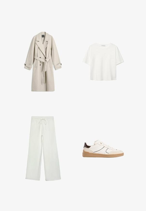 Manteau long en laine beige avec ceinture, larges revers, boutons double boutonnage et poignets boutonnés, présenté à plat sur fond blanc.; T-shirt blanc à manches courtes en coton. Doté d'un col ras du cou et d'une coupe décontractée. Texture lisse sans motifs ni accents visibles.; Pantalons larges blancs en tissu doux. Dotés d'une taille élastique avec cordon de serrage et d'une texture lisse. Aucuns motifs visibles ni éléments en métal.; Stradivarius Baskets basses - white