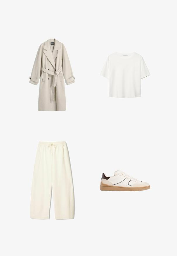 Pitkä beige villakangastakki vyöllä, leveillä läpillä, kaksirivisillä napituksilla ja napitettavilla hihansuilla, aseteltuna tasaisesti valkoiselle taustalle.; Valkoinen lyhythihainen T-paita, joka on tehty puuvillasta. Siinä on pyöreä kaula-aukko ja rento malli. Silkkinen pinta ilman näkyviä kuvioita tai koristeita.; Kermansävyn löysät housut, joissa on elastinen vyötärö, naru ja sivutaskut. Pehmeä kangas, jonka pinta on sileä.; Stradivarius Matalavartiset tennarit - white