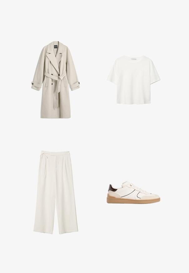 Lungo cappotto di lana beige con cintura, ampi rever, bottoni doppi e polsini con bottone, presentato steso su uno sfondo bianco.; T-shirt bianco a maniche corte realizzato in cotone. Presenta un collo tondo e una vestibilità rilassata. Texture liscia senza motivi o dettagli visibili.; Pantaloni a gamba larga in tessuto bianco sporco con una texture liscia. Presentano una vita legata e una parte anteriore plissettata, progettati per una vestibilità comoda.; Stradivarius Sneakers basse - white