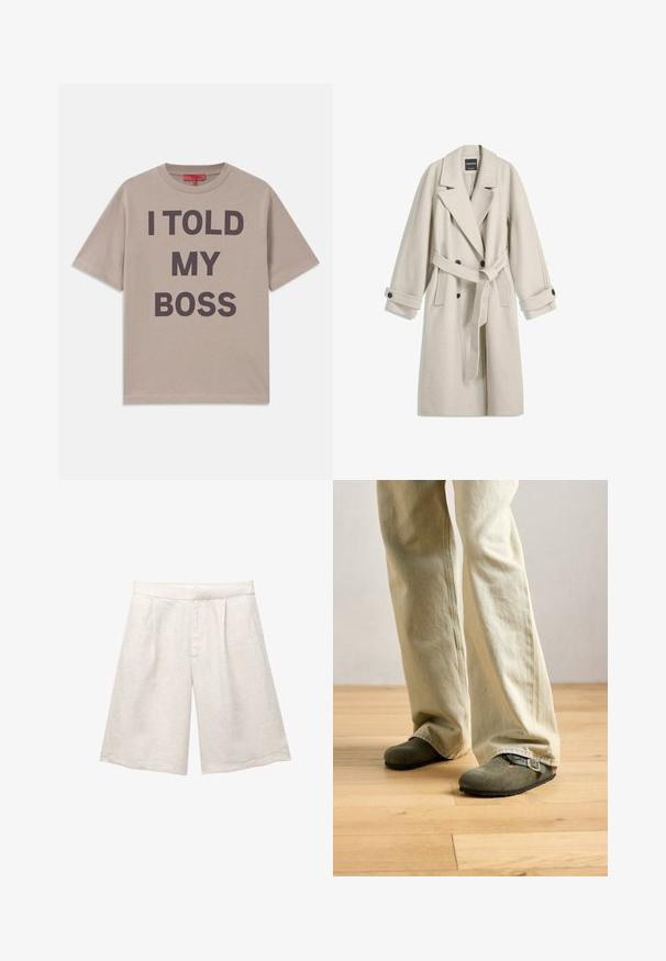 Long beige wool coat with belt, wide lapels, double-breasted buttons, and buttoned cuffs, displayed flat on white background.; Beige cotton t-shirt, short sleeves, round neckline, featuring bold dark text: "I TOLD MY BOSS" printed prominently on the front.; Beige linen shorts with a wide leg, featuring front pleats and a smooth waistband. The fabric has a slightly textured finish.; Person wearing light beige wide-legged pants and olive green suede slip-on shoes with a buckle on light wooden floor.