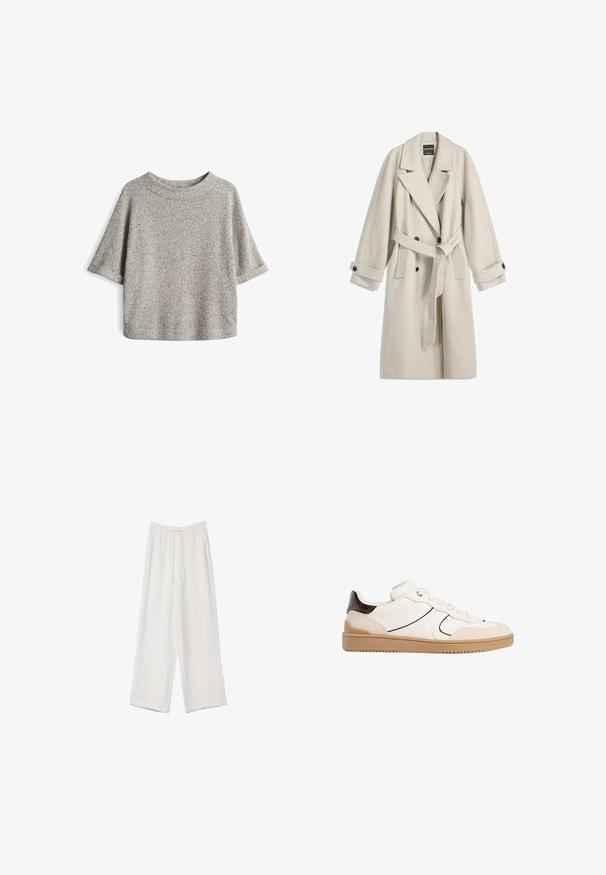 Lange beige wollen jas met riem, brede revers, dubbelknopsluiting en knoopmanchetten, plat weergegeven op een witte achtergrond.; Grijze top met korte mouwen, gemaakt van textuur gebreide stof. De top heeft een losse pasvorm en een ronde halslijn, met subtiele gesprenkelde details doorheen.; Witte wijde broek gemaakt van een lichte stof. Voorzien van een elastische tailleband met een trekkoord en zijzakken. Zachte textuur.; Stradivarius Sneakers laag - white