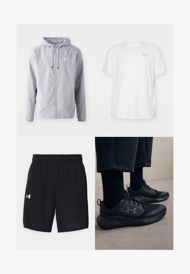 Hellgraue Kapuzenjacke mit Reißverschluss, elastischen Bündchen und atmungsaktiver Mesh-Fütterung. Mit einem weißen Logo auf der oberen linken Seite.; Weißes kurzärmeliges Sportshirt aus glattem Material. Mit Rundhalsausschnitt und grauem Logo auf der linken Brust, sowie seitlichen Schlitzen am Saum.; Schwarze Sportshorts aus leichtem Material mit elastischem Bund und einem weißen Logo auf der linken Seite.; Person in schwarzen Sport Sneakers mit strukturierten Seiten und Logo, kombiniert mit schwarzen Socken und kürzeren Hosen auf einem hellen Boden.