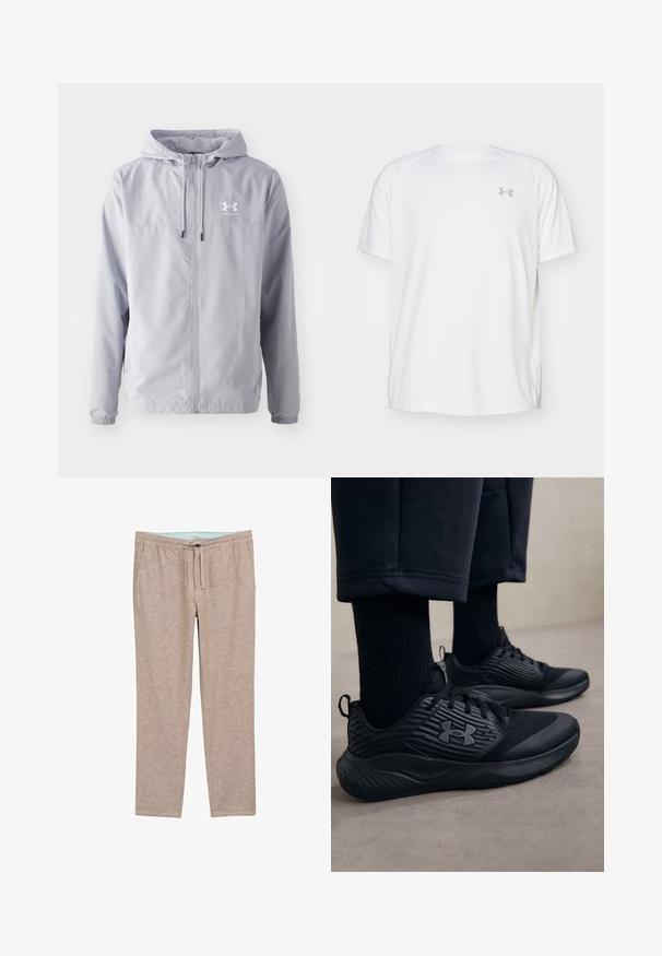 Veste à capuche gris clair avec fermeture éclair, poignets élastiques et doublure en mesh respirant. Présente un logo blanc sur le coin supérieur gauche.; T-shirt de sport à manches courtes de couleur blanche, fabriqué en tissu lisse. Il présente un col rond et un logo gris sur la poitrine gauche, avec des fentes sur les côtés au niveau de l'ourlet.; Pantalons beige clair, à texture douce avec une coupe décontractée, dotés d'une taille élastique et d'un cordon de serrage pour un confort ajustable.; Personne portant des baskets de sport noires avec des côtés texturés et un logo, associées à des chaussettes noires et un pantalon court sur un sol clair.