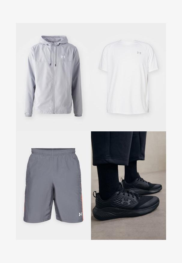 Ανοιχτό γκρι ελαφρύ μπουφάν με κουκούλα, φερμουάρ στο μπροστινό μέρος, ελαστικές μανσέτες και λογότυπο Under Armour στο αριστερό στήθος. Λείο, αδιάβροχο υλικό.; Λευκή αθλητική μπλούζα κοντού μανικιού από απαλό ύφασμα. Διαθέτει στρογγυλή λαιμόκοψη και γκρίζο λογότυπο στο αριστερό στήθος, με πλαϊνές σχισμές στο τελείωμα.; Γκρι αθλητικά σορτς με ελαστική μέση, διακοσμημένα με πορτοκαλί λεπτομέρειες στο πλάι και το λογότυπο της Under Armour στη χαμηλή δεξιά πλευρά.; Άτομο που φορά μαύρα αθλητικά παπούτσια με υφασμάτινες πλευρές και λογότυπο, συνδυασμένα με μαύρες κάλτσες και κοντά παντελόνια σε ανοιχτό δάπεδο.