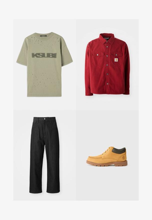 Raudona medvilnės marškinėlių striukė su plati apykakle, dviem krūtinės kišenėmis su metalinėmis sagomis ir mažu logotipo užpakaliu kairėje kišenėje.; Bordo žalios spalvos trumpasrankovė marškinė, puošti juodu "KSUBI" grafiniu raštu, nuvalytu paviršiumi su smulkiais juodais taškais ir apvaliu kaklu.; Juodi džinsai su laisvu siluetu, aukštu liemeniu, užtrauktuko uždarymu ir penkių kišenių dizainu. Matoma siuvinėjimo akcentai visur.; Geltoni odiniai batai su rudos gumos padu, apvaliu priekiu ir žalia odinėmis kulkšnies detalėmis. Yra auksinės akys ir siuvinėjimo akcentai.