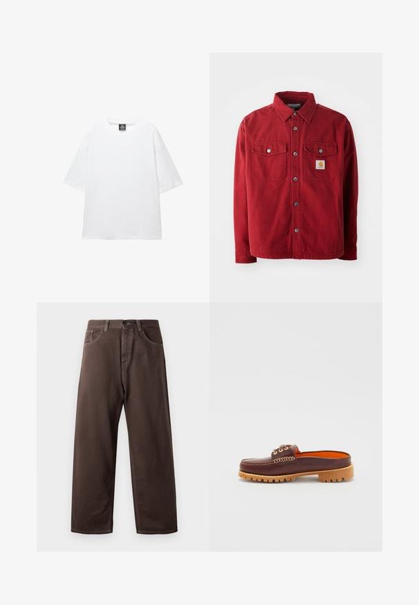 Rode katoenen shirtjasje met een spreidkraag, twee borstzakken met metalen knopen en een klein logo-embleem op de linkse zak.; Witte oversized t-shirt met korte mouwen, ronde hals en zachte katoenen stof. Heeft een zwart label bij de hals. Geen patronen of accenten.; Bruine wijde broek van katoen, met een klassiek vijf-pocketdesign, een ritsgulp en zichtbare stikseldetails.; Bruine leren instapschoen met een ronde neus, textuurstiksels, gouden oogjes en een tan gekleurde, geribbelde zool. Het interieur is feloranje.