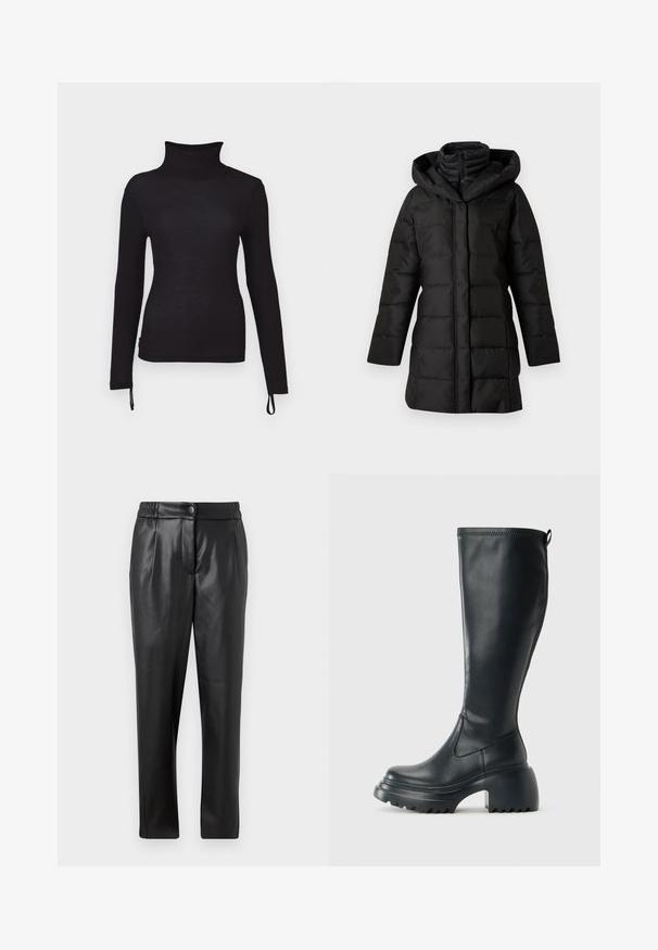 Juoda pūkinė striukė su kapišonu, turinti siuvinėtą raštą, ilgas rankoves ir užtrauktuko uždarymą. Lygus paviršius ir įstrižas apvadas.; Juodas ilgomis rankovėmis golfo marškinėliai, slim fit, įrengtuvės tekstūra, su reguliuojamomis raištelėmis apačioje, leidžiančiomis pritaikyti ilgį.; Juodos odinės kelnės su lygiu paviršiumi, tiesiu siluetu, elastinga juosta ir priekyje uždaroma mygtuku; raukiniai ir siaurėjantys kelnių šlaunys.; Ilgas juodos odinės batai su masyvi platforma ir stačiakampiu kulnu, turintys traukimo kilpą ir tekstūruotą pado raštą.