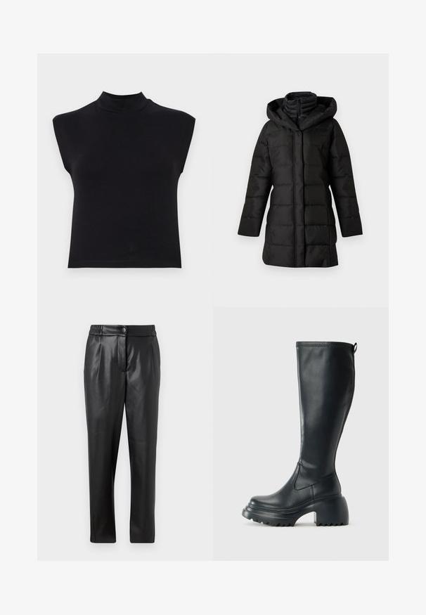 Casaco puffer preto com capuz, apresentando um design acolchoado, mangas longas e fecho de correr. Textura suave e bainha assimétrica.; Top preto sem mangas com um decote alto. Feito de tecido suave, apresenta um design ajustado e uma textura lisa, sem padrões ou detalhes visíveis.; Calças de couro pretas com uma textura suave, corte reto, cintura elástica e fecho com botão na frente; detalhe plissado e pernas afuniladas.; Bota preta de couro alta com sola de plataforma robusta e salto bloco, apresentando puxador e padrão texturizado na sola.