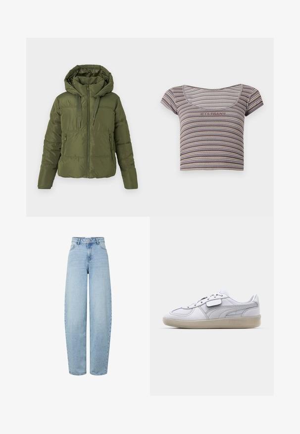 Olive roheline viigipusa, millel on kinnitatud kapuuts, ees olev tõmblukk, nöörid ja lukuga küljetaskud, mõeldud külmemateks ilmadeks.; Pruun, sinine ja beež triibuline lühikeste varrukatega lühikene topp, millel on ümmargune kaelus ja rinnal tekst "JAH PALUN".; Helerohelised kõrge vöökohaga lahtise lõikega teksad, valmistatud teksast. Omadusteks on sirged sääred, viis taskut ja nööpidega sulgur.; Valge nahast spordijalats hallide aktsentidega, paeltega sulgemine ja tekstureeritud kummist välistald. Külgedel on märkimisväärne logo.