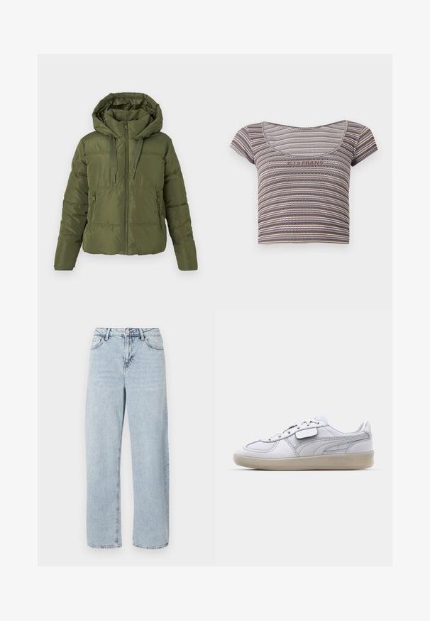 Olive roheline viigipusa, millel on kinnitatud kapuuts, ees olev tõmblukk, nöörid ja lukuga küljetaskud, mõeldud külmemateks ilmadeks.; Pruun, sinine ja beež triibuline lühikeste varrukatega lühikene topp, millel on ümmargune kaelus ja rinnal tekst "JAH PALUN".; Heledad sinine kõrge vöökohaga sirge jala teksad, ees nupuga, tõmbluku ja viie taskuga disainiga valgel taustal.; Valge nahast spordijalats hallide aktsentidega, paeltega sulgemine ja tekstureeritud kummist välistald. Külgedel on märkimisväärne logo.