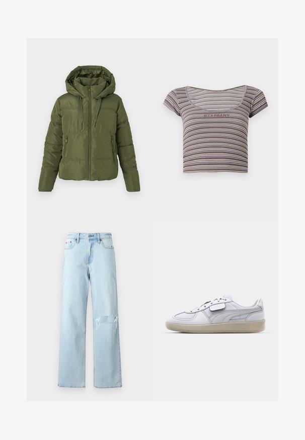 Doudoune vert olive avec capuche attachée, fermeture éclair frontale, cordons de serrage et poches latérales zippées, conçue pour les temps froids.; Top court à manches courtes à rayures marron, bleu et beige, avec un col ronde et le texte "OUI, S'IL VOUS PLAÎT" sur la poitrine.; Jean en denim bleu clair avec une coupe ample, présentant un genou déchiré et un design classique à cinq poches. Texture lisse, style décontracté.; Baskets blanches en cuir avec des accents gris, fermeture à lacets et semelle en caoutchouc texturée. Présente un logo bien en vue sur le côté.