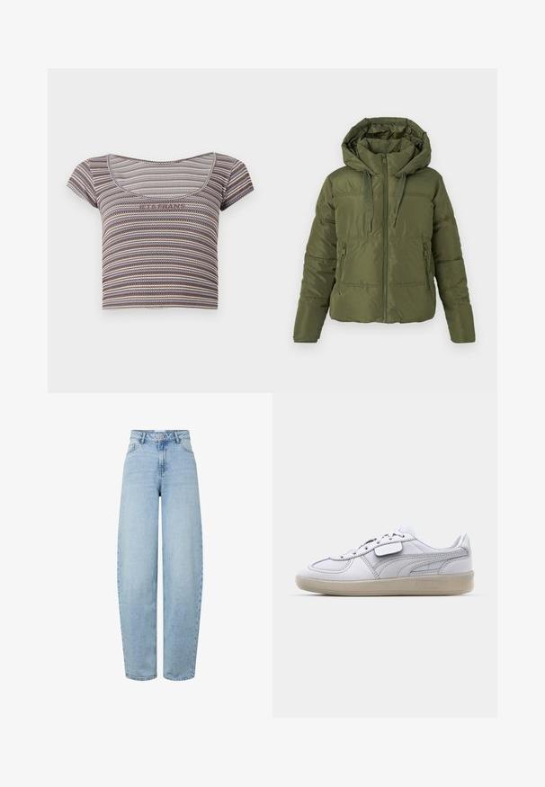 Olivově zelená prošívaná bunda s přišitou kapucí, předním zipem, stahovacími šňůrkami a zipovými bočními kapsami, navržená pro chladné počasí.; Hnědý, modrý a béžový pruhovaný krátký rukáv cropped top s kulatým výstřihem a nápisem "ANO PROSÍM" přes hruď.; Světle modré džíny s vysokým pasem a volným střihem, vyrobené z denimu. Mají rovné nohavice, pět kapes a zapínání na knoflíky.; Bílé kožené tenisky se šedými akcenty, zavazování na tkaničky a texturovanou gumovou podrážkou. Obsahují výrazné logo na boku.